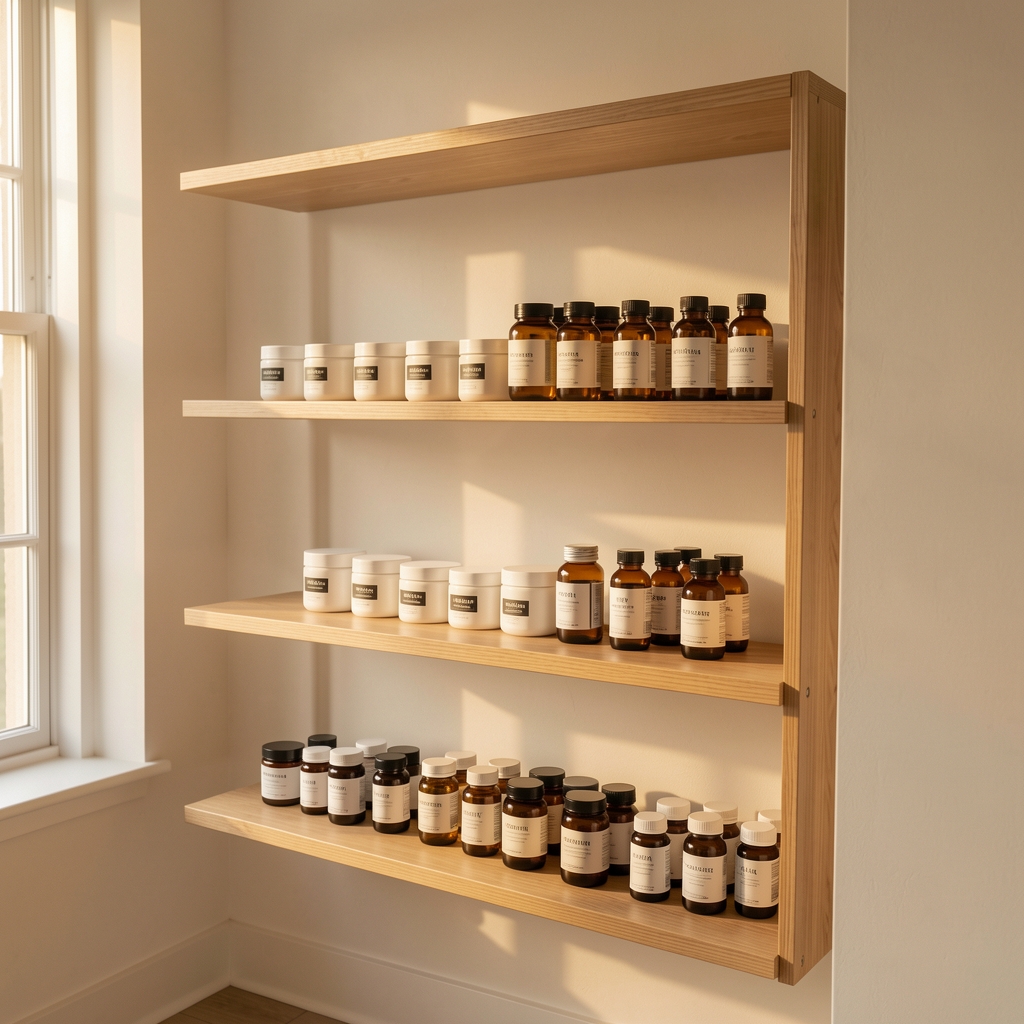 Clean bright studio interior with wooden table displaying body cream jars and supplement bottles in an orderly editorial arrangement