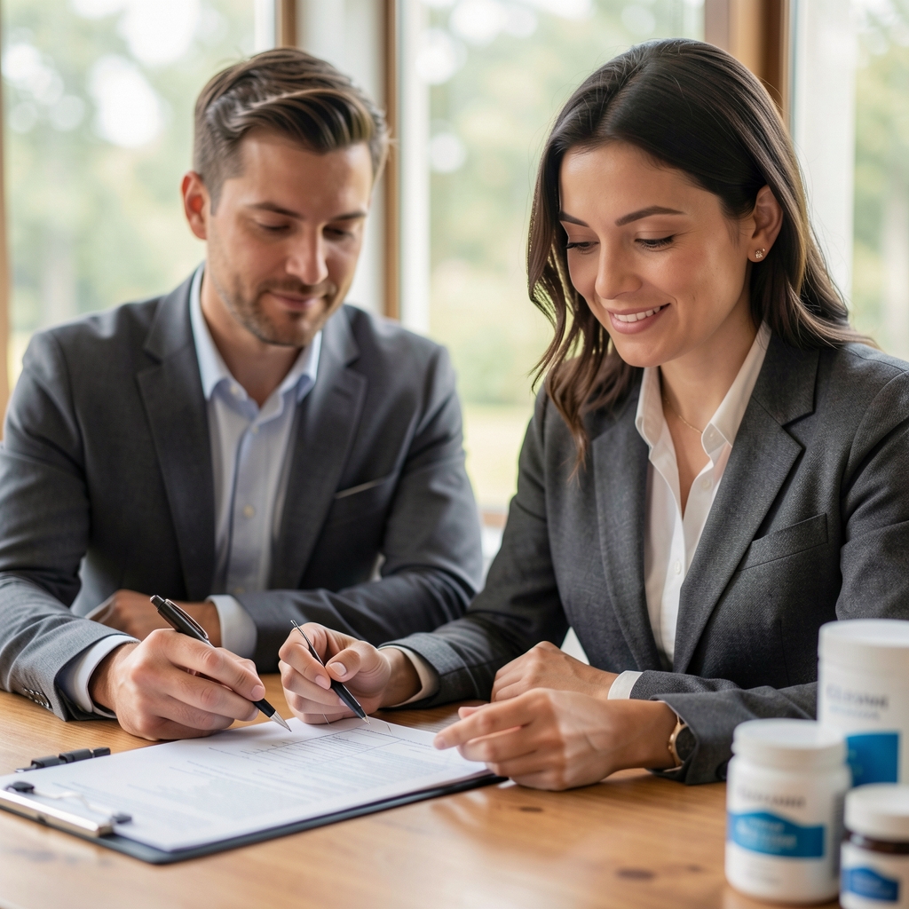 Two members of the Glesona selection team reviewing product ingredient documentation at a wooden desk in a naturally lit studio