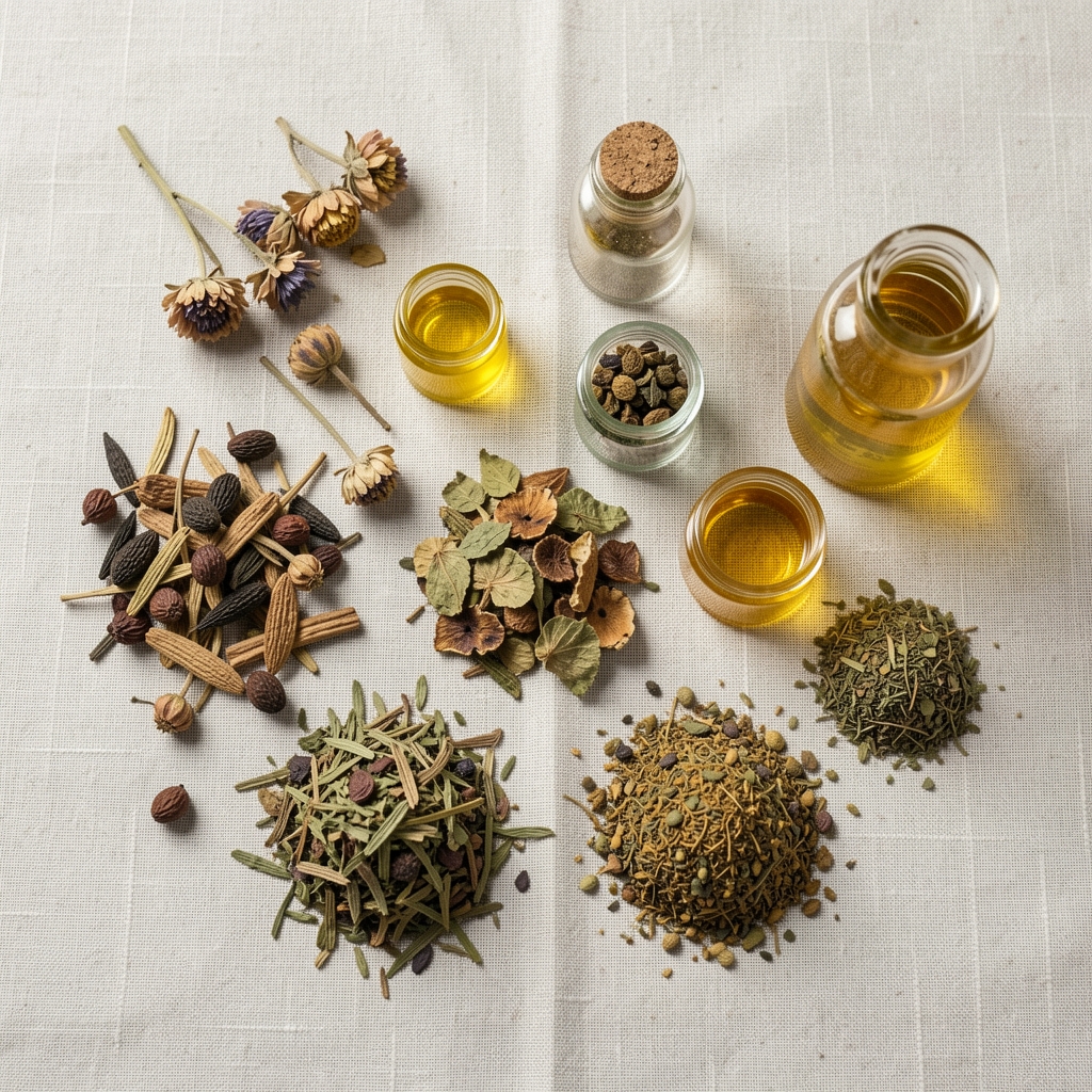Flat-lay arrangement of botanical ingredient samples including dried botanicals, small glass vessels and natural oils on a pale linen surface