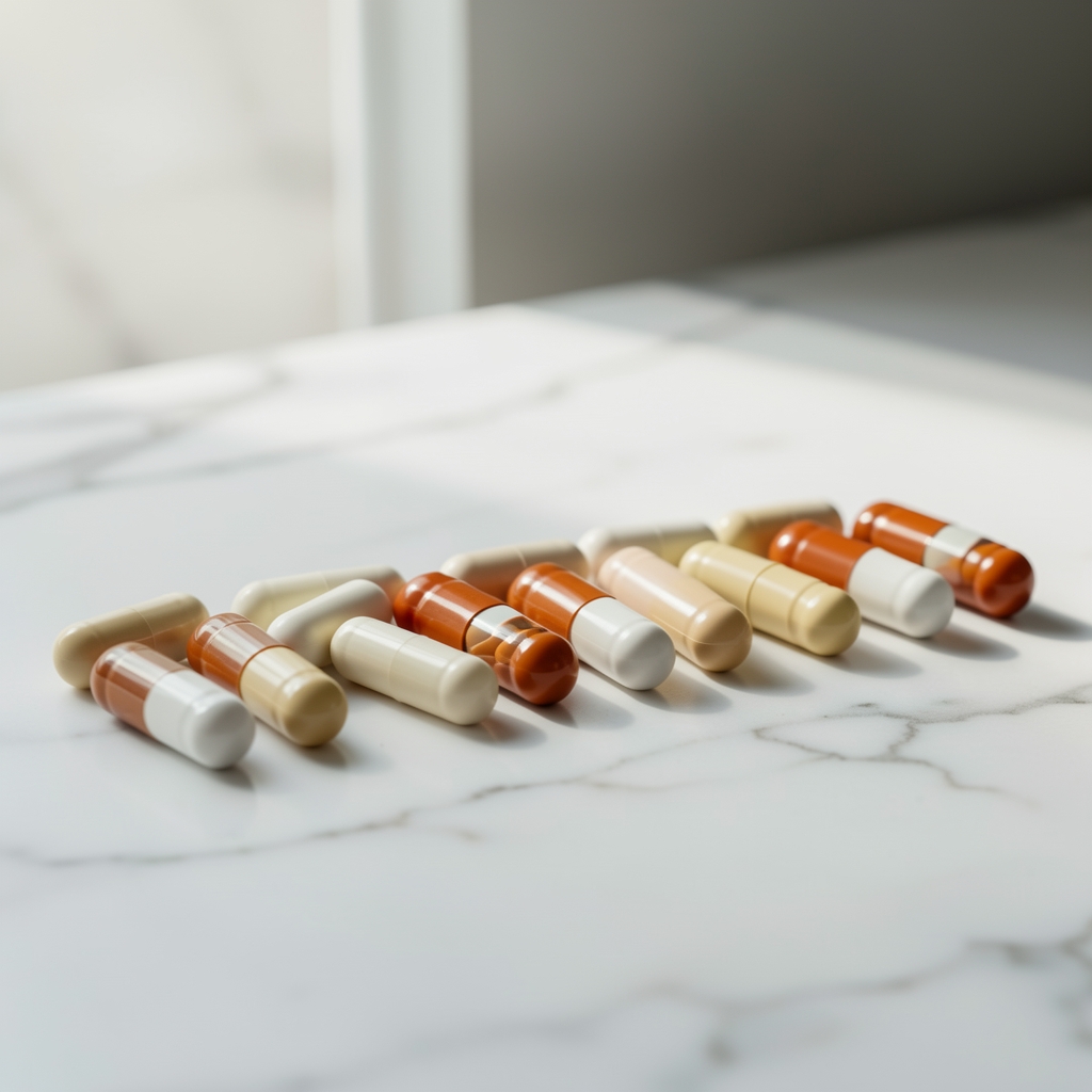Supplement capsules arranged in a neat editorial row on white marble surface with soft natural light from the left
