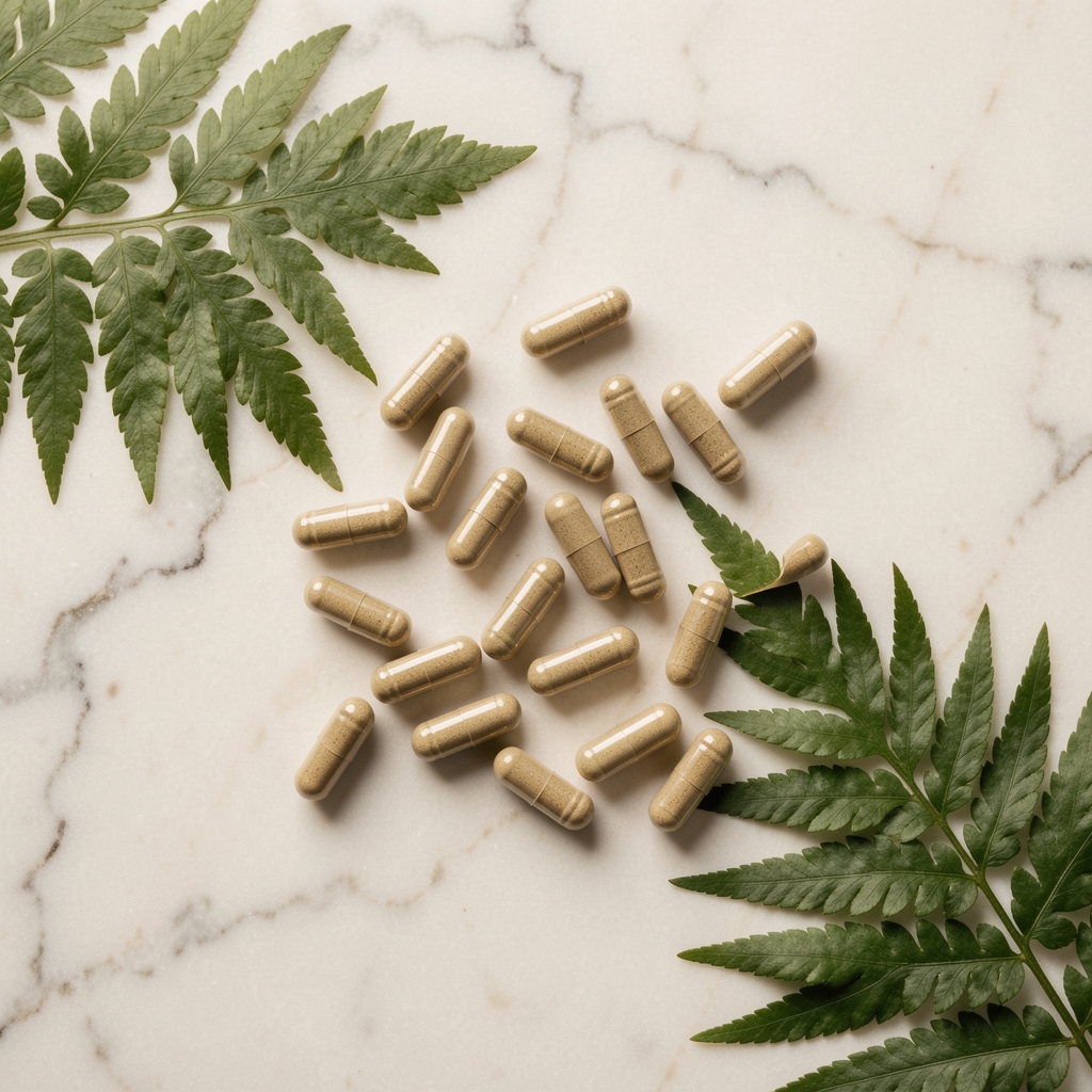 Small botanical supplement capsules scattered across pale marble surface with natural leaf motif, clean overhead editorial arrangement